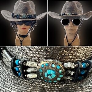 🤠NWOT? Southwestern Cowboy Hat |Turquoise Accents & Concho Hatband + Curved Brim
